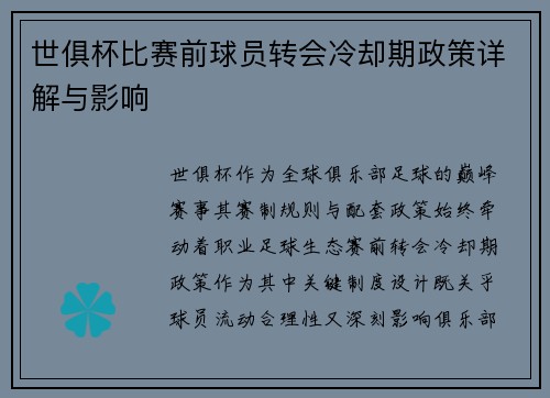 世俱杯比赛前球员转会冷却期政策详解与影响