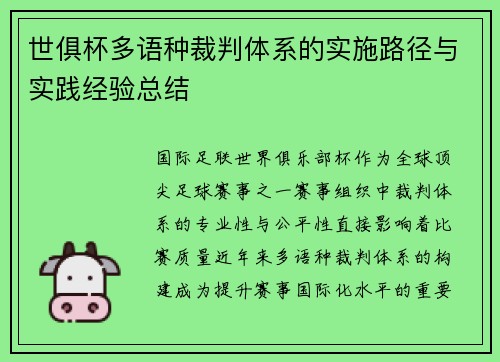 世俱杯多语种裁判体系的实施路径与实践经验总结